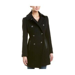 $550 Trina Turk Olivia Wool-Blend Coat LEATHER TRIMMING MILITARY BLACK CHIC 10
